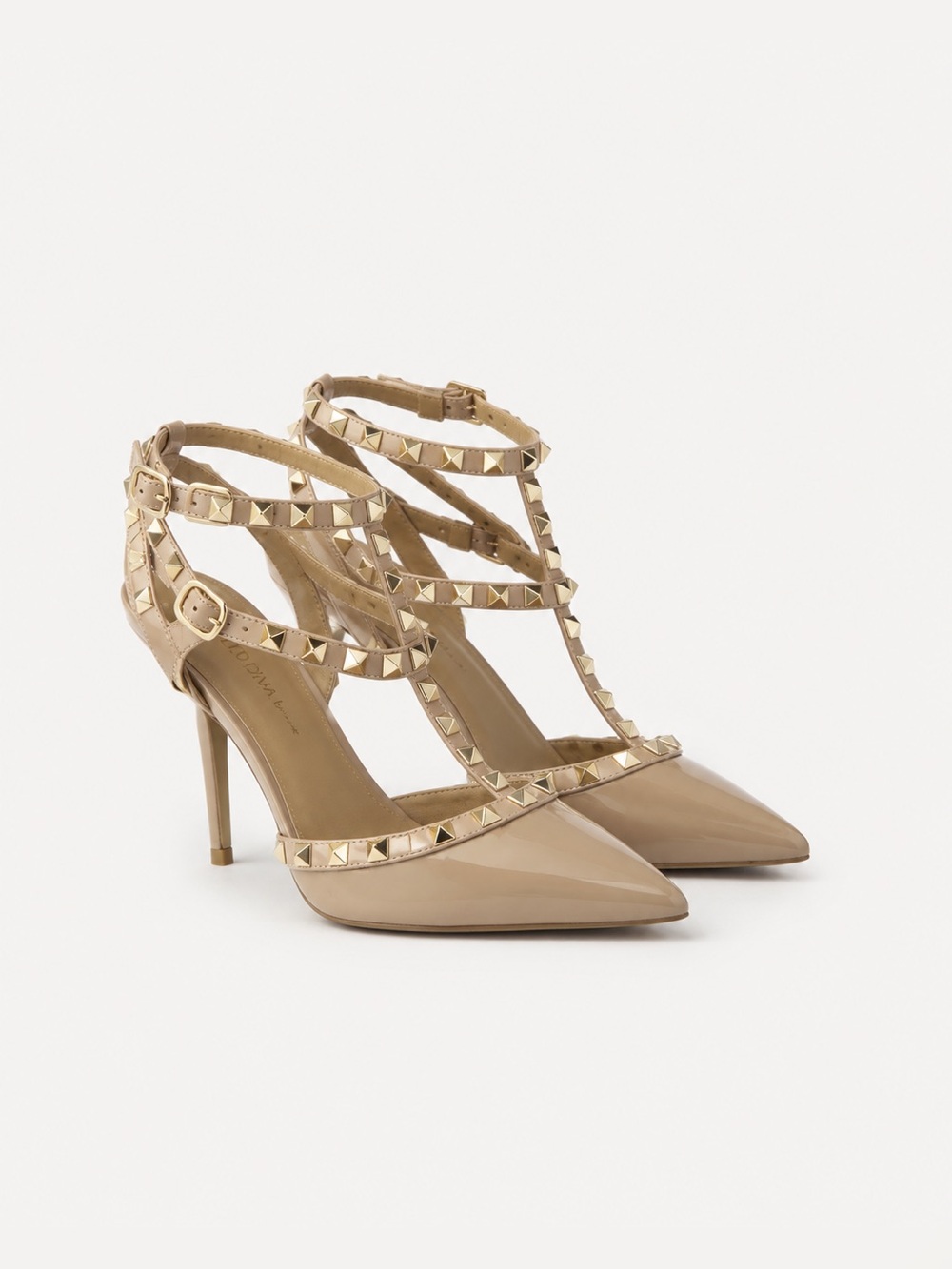 Wild Diva Lounge Studded Patent Pointed Toe Stiletto Heels Nude US 6.5